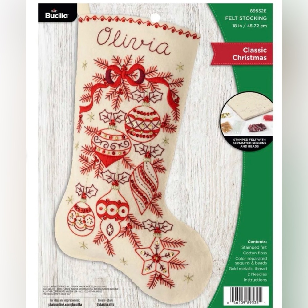 Bucilla Felt Stocking Classic Christmas 89532E Beige and Red NEW Craft 18 inch
